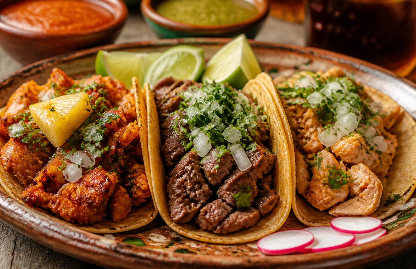 Three street tacos with fresh cilantro, onion, lime, and salsa on a rustic plate