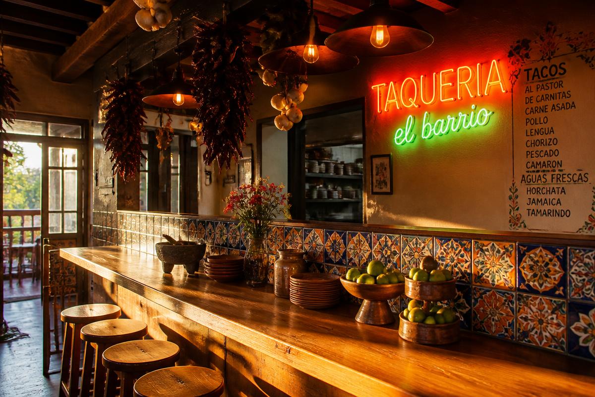 Warm taqueria interior with wood counter, tiles, and neon sign